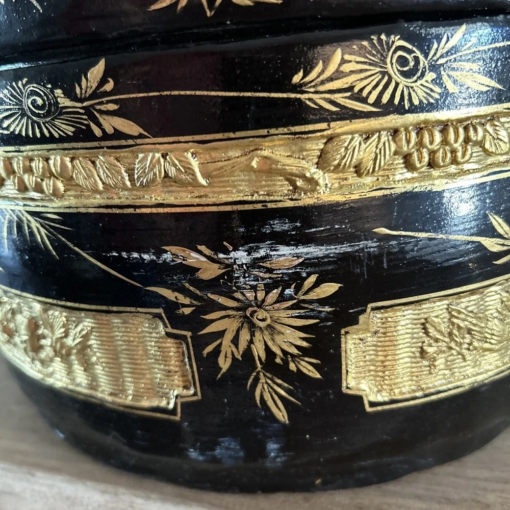 Large VTG Chinese‎ Wedding Basket 3 Tier Black Gold Lacquer Asian Decor